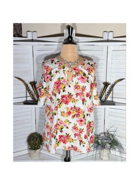 MPH collection cream pink blouse cottage fairy floral cold shoulder plus sz 3X